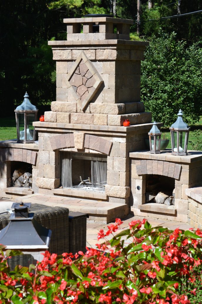 Outdoor triple fireplace