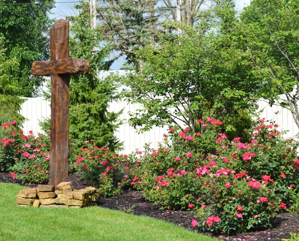 Roses and outdoor statue